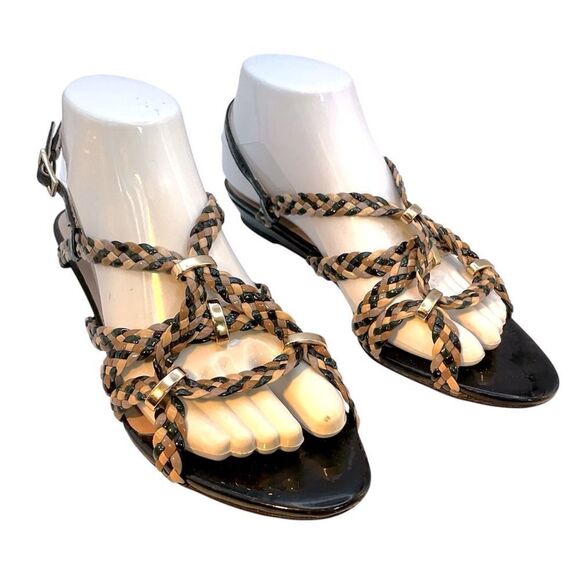 Loeffler Randal Ladies Sandals 8 Black Gold Beige Patent Leather Flats Shoes - Picture 15 of 15